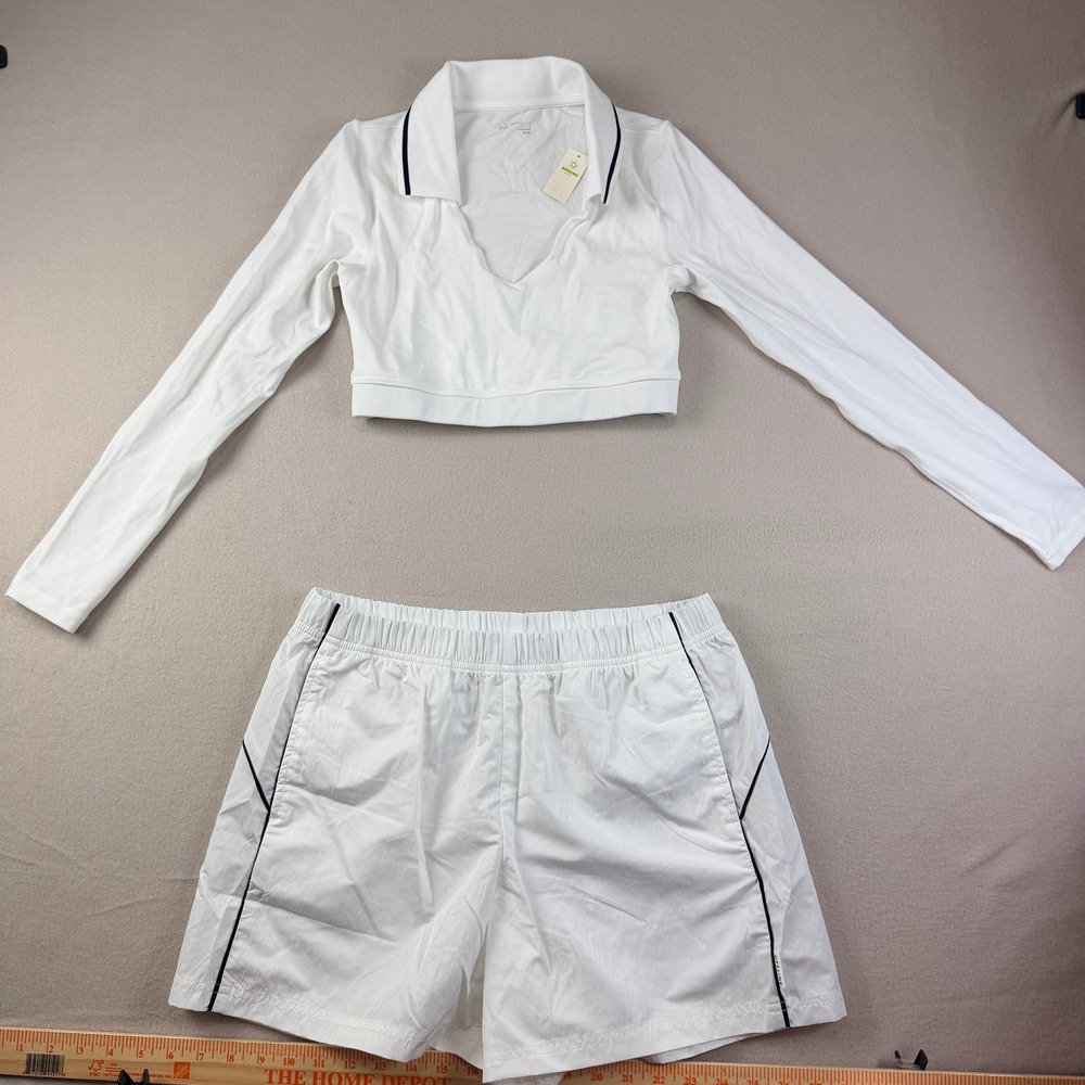 OFFLINE Aerie Womens Sz M White Activewear Set Crop Polo Top & Shorts Set NEW